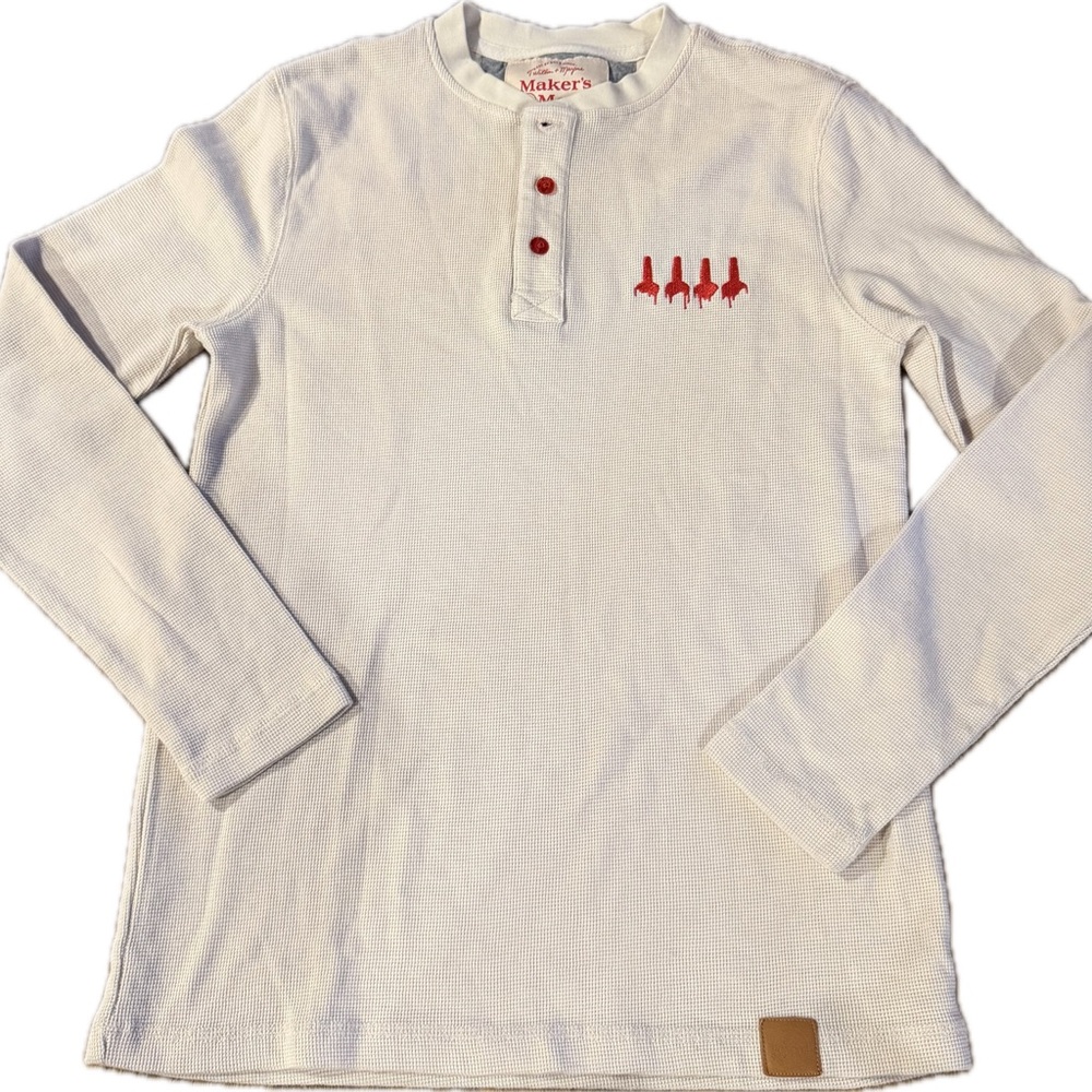 Makers Mark Mens Henley Shirt M Waffle Knit Bourbon Whiskey Logo Organic Cotton